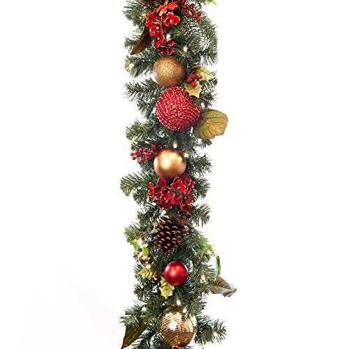 [9 Foot Artificial Christmas Garland] - Scarlet Hydrangea Collection - Red and Gold Decoration - Pre Lit with 100 Warm Clear Colored LED Mini Lights - Includes Remote Control Battery Powered Timer