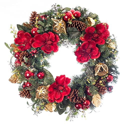 30 Inch Artificial Christmas Wreath,Red Magnolia Collection with Red and Gold Decoration, Pre Lit with 50 Warm Clear Colored LED Mini Lights with Remote Controll and Timer
